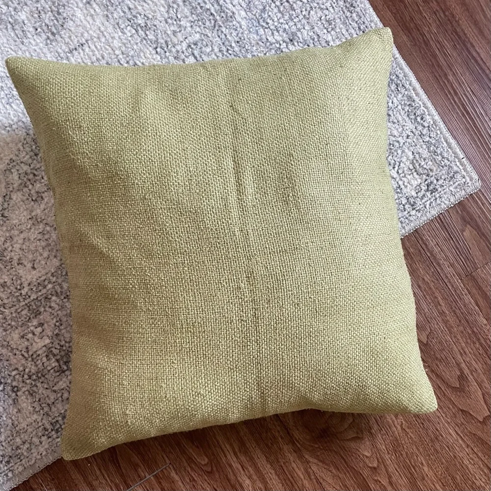 West Elm green 💯 woven silk pillow 20x20 with wood buttons FREE insert